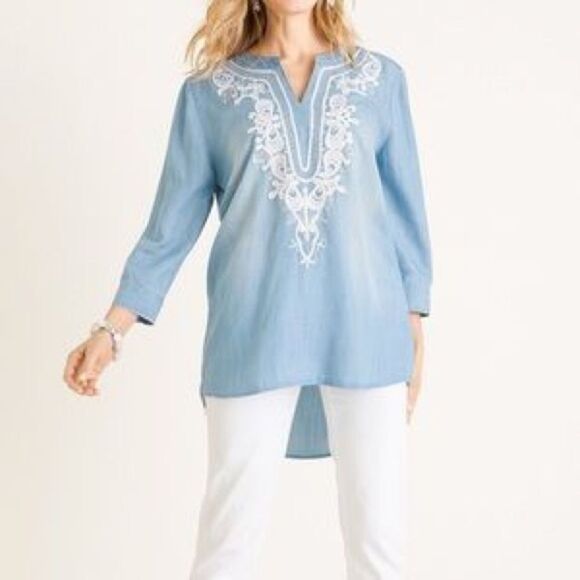 Chico’s Chambray Appliqué V neck High Low Blouse - Picture 1 of 10